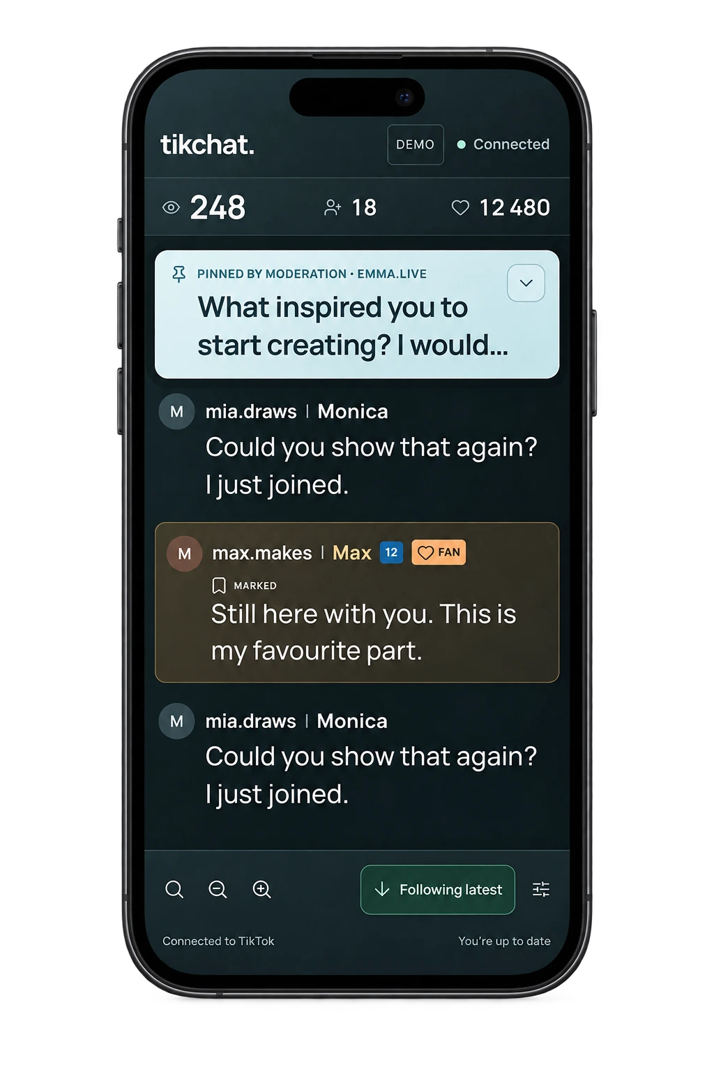 A manually highlighted viewer in TikChat on a phone
