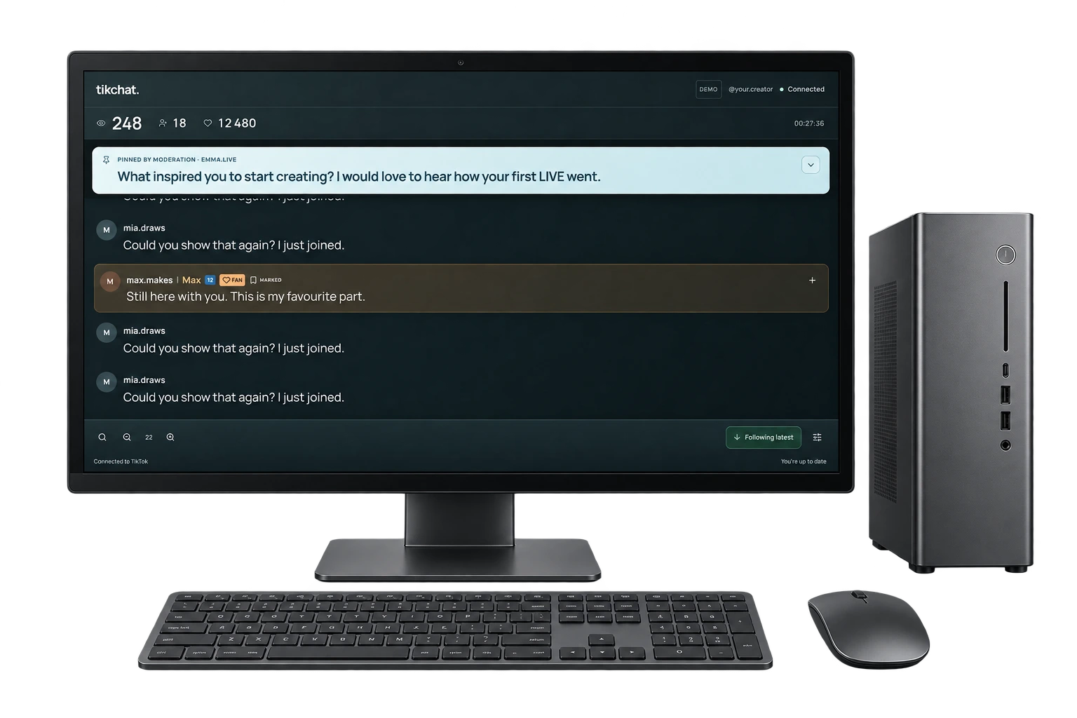 TikChat interface showing a clear TikTok LIVE conversation and viewer context